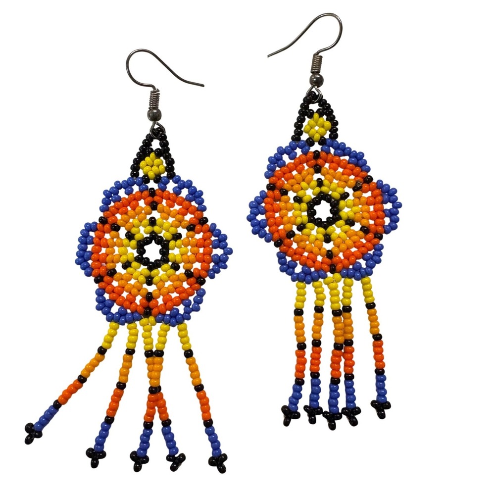Handmade Peruvian Beaded Tassel Earrings Colorful Geometric Boho Dangle Jewelry - Picture 1 of 5